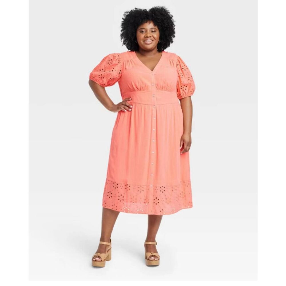 Knox Rose Women’s Short Sleeve Eyelet Midi Dress Peachy Pink Size XXL NWT